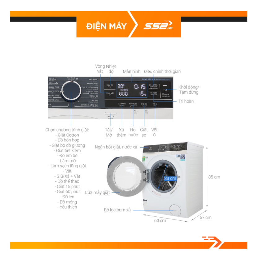 Máy giặt Electrolux Inverter 9kg EWF9023BDWA - Hàng Chính Hãng