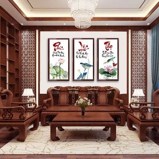 Tranh ép gỗ bộ 3 treo tường ngày tết Hoa Sen Thư Pháp Phúc Lộc Thọ D1444