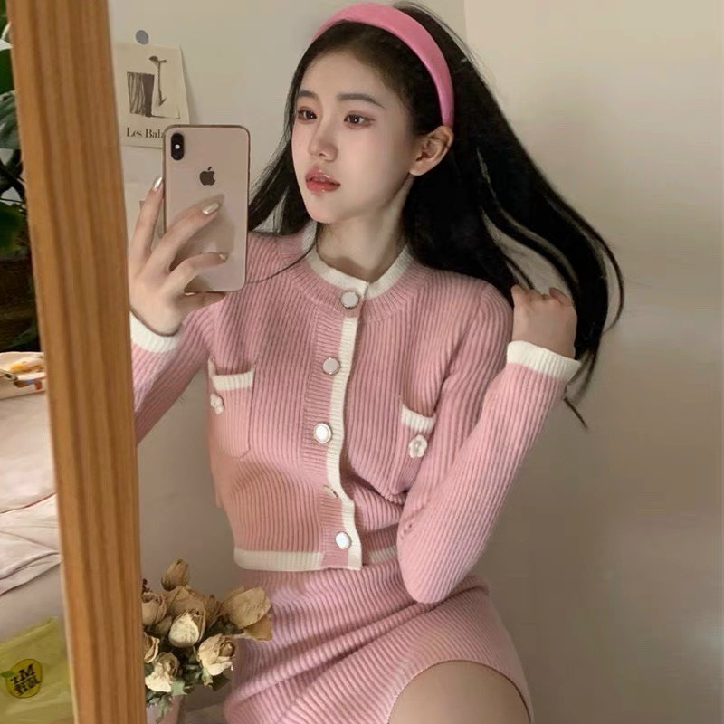 [ hàng QC] Sét body len dệt kim màu hồng chất len dày dặn phong cách retro | BigBuy360 - bigbuy360.vn