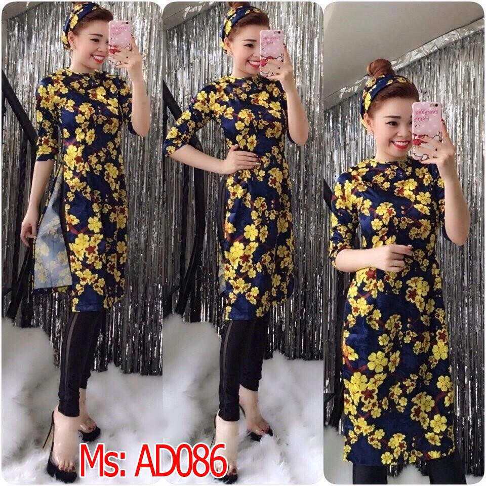 có big size 4XL ⚡️ Áo Dài Cách Tân GẤM XANH ĐEN HOA MAI VÀNG