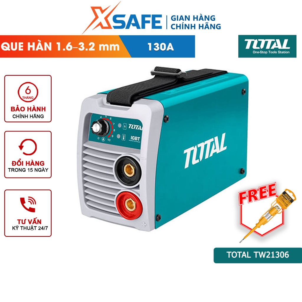 Máy hàn điện tử 130A TOTAL TW21306 Kèm 1 kèm hàn, 1 kèm Max, 1 cây chổi và 1 mặt nạ hàn Máy hàn TOTAL điện thế 85V