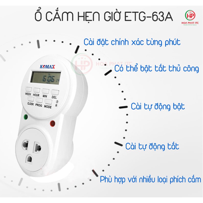 Ổ cắm hẹn giờ Komax ETG-63A tải điện 400w chu kỳ 7 ngày cài đặt giờ, phút, giây