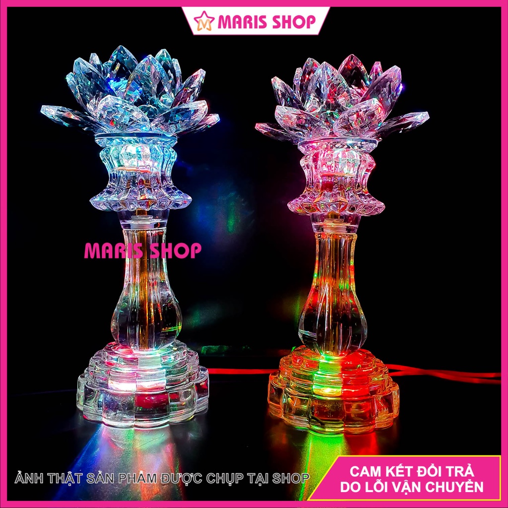 Đèn Bàn Thờ Sen PHA LÊ Cao Cấp Nguyên Khối Phát Sáng Toàn Thân Cao 26cm Sử Dụng Mạch LED Cao Cấp