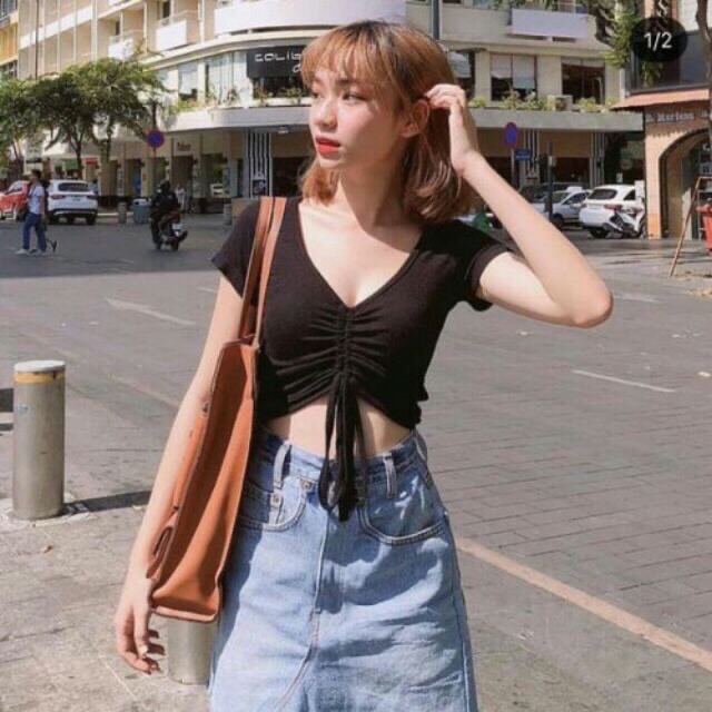 Áo Croptop Rút Dây Giữa Ngực CT29 Chất thun gân mềm mịn kiểu dáng Ulzzang