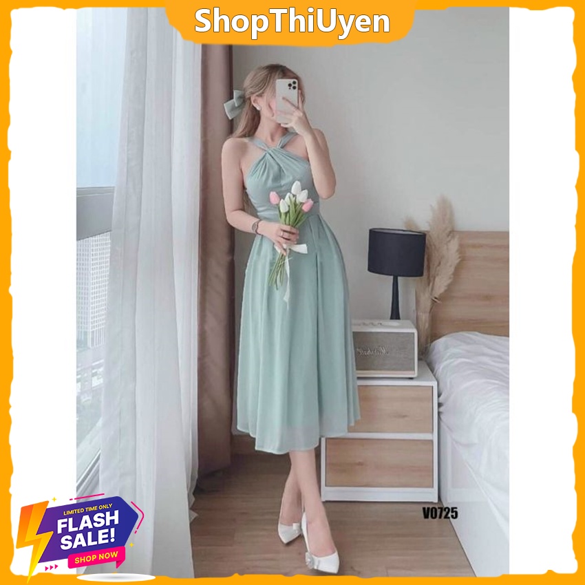 Đầm mặc đi đám cưới cổ yếm vải voan mềm mại, đầm tiểu thư ôm eo dáng xòe dài, váy mặc đi chơi sang chảnh