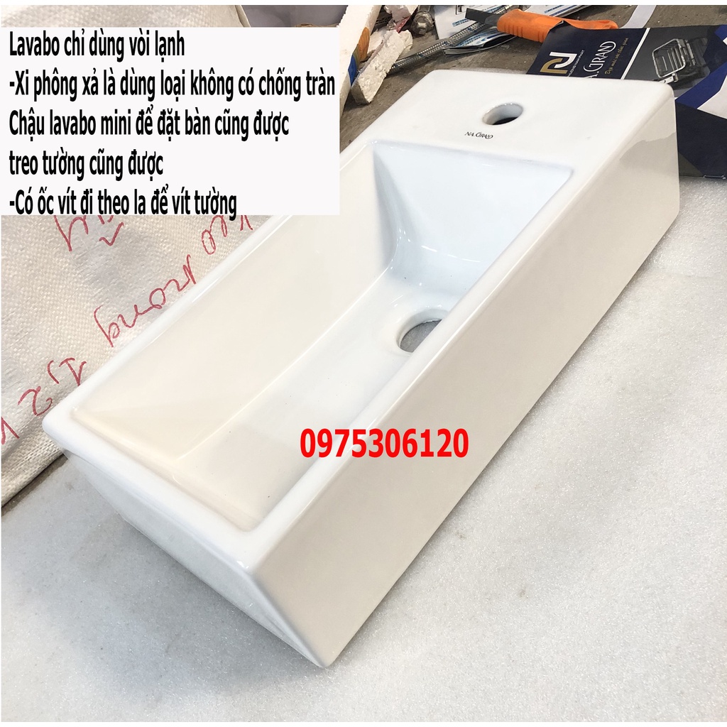 LAVABO MINI NHỎ Chậu rửa mặt lavabo chữ nhật treo tường hay đặt bàn 03NA 20x40cm, men NANO chống ố chống bám bẩn