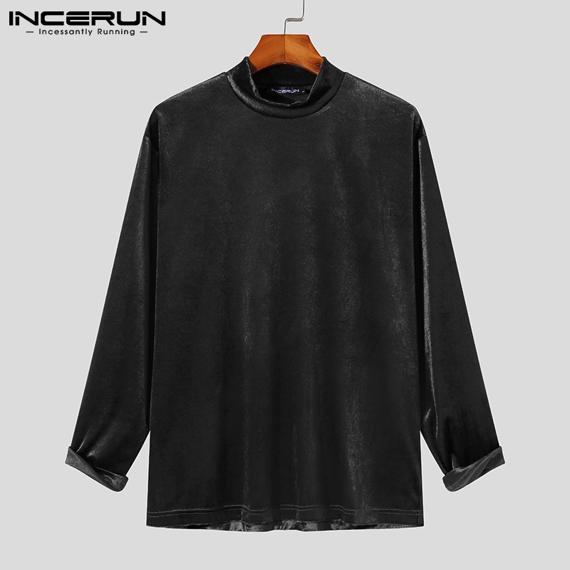 Áo thun INCERUN tay dài cổ cao chất liệu vải nhung kiểu dáng đơn giản thời trang cho nam