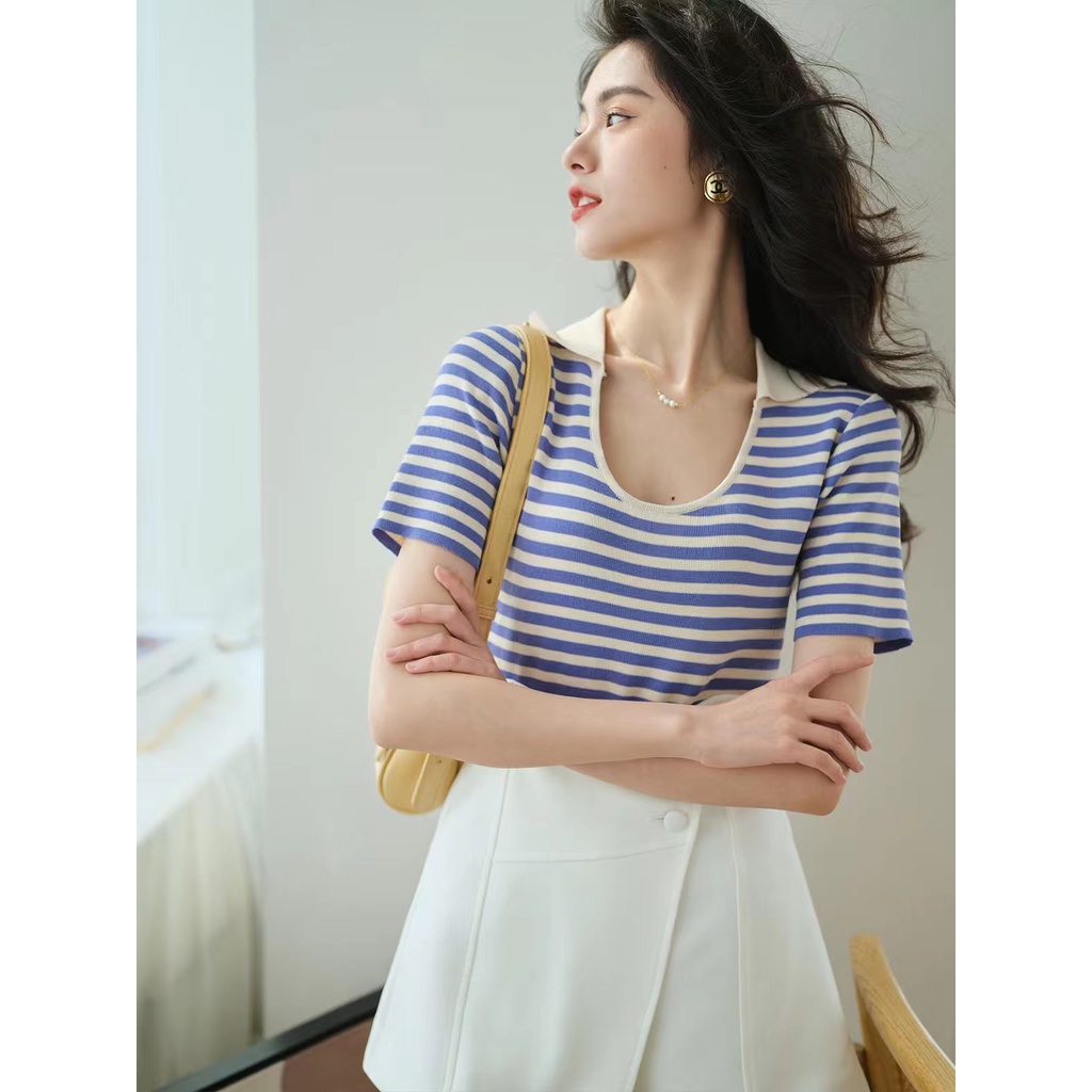 Áo Dệt Kim Ngắn Tay Họa Tiết Kẻ Sọc Phong Cách Pháp Mới