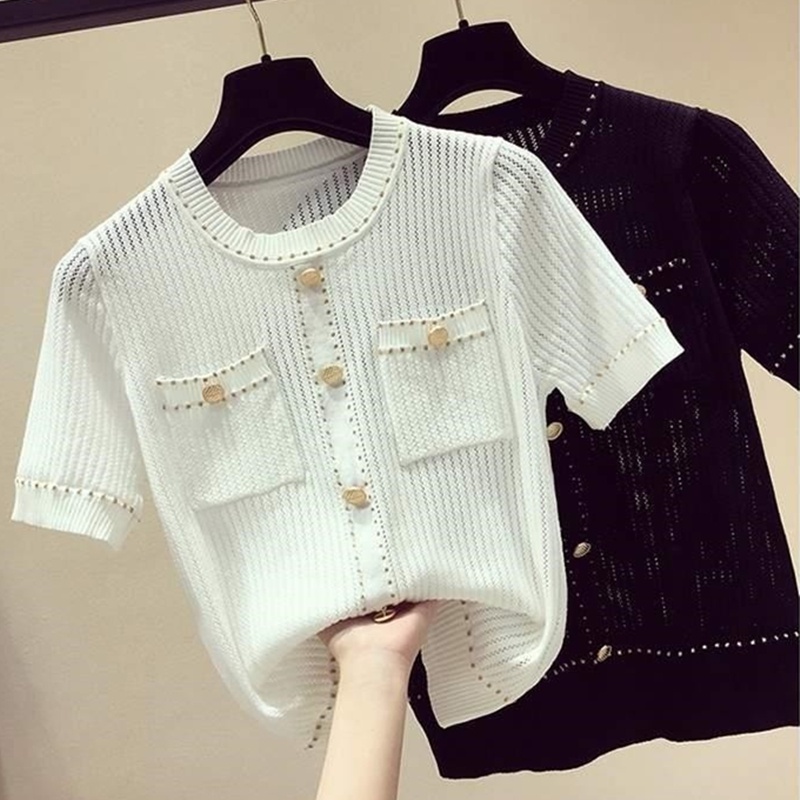 Áo dệt kim SUXI tay ngắn màu trơn phong cách cổ điển dành cho nữ