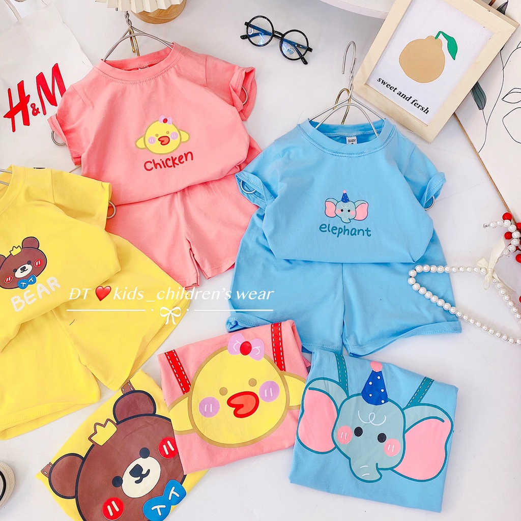 Bộ quần áo bé trai, bé gái, bộ cộc tay chất cotton thú đeo lưng đáng yêu cho bé