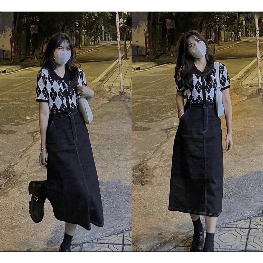 Chân váy midi viền chỉ nổi giả jeans Ulzzang cạp chun xẻ sau - chân váy nữ lưng cao dáng dài phong cách Hàn Quốc Okélla