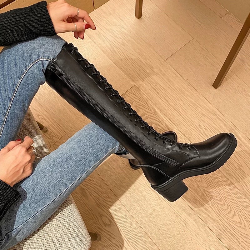 Giày Bốt Boot Cao Cổ Đùi Nữ Da Lì Trơn Gót Vuông Hàng Cao Cấp