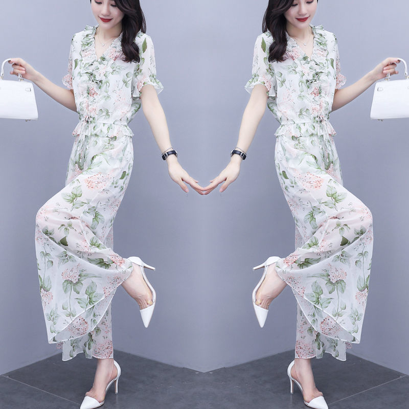 Floral chiffon single / wide-legged pants suit new summer 2020 women and two-piece Western style suits