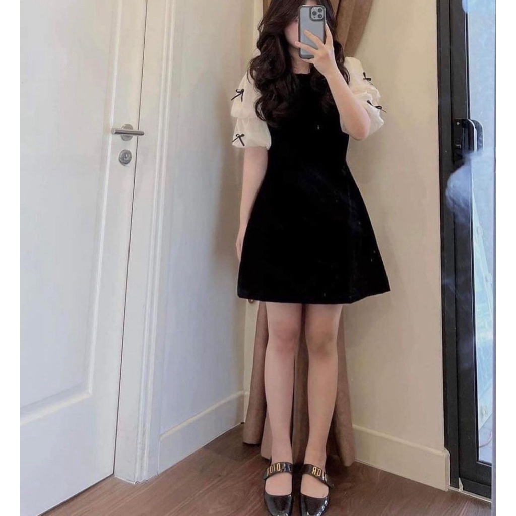 Váy tay bồng nơ phối nhung đen, Đầm nữ nhung ngắn Daski