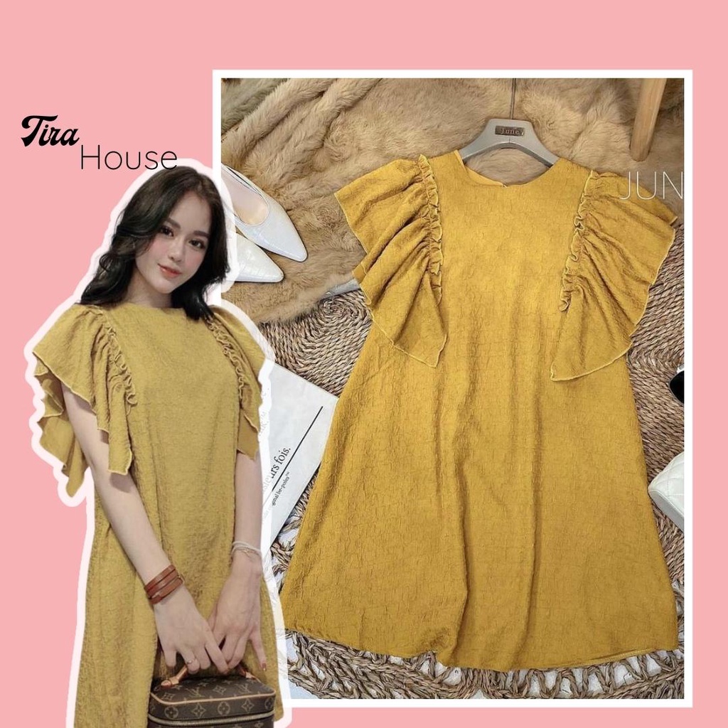 Đầm bầu công sở Tira House váy bầu chất lụa xốp tay cánh tiên