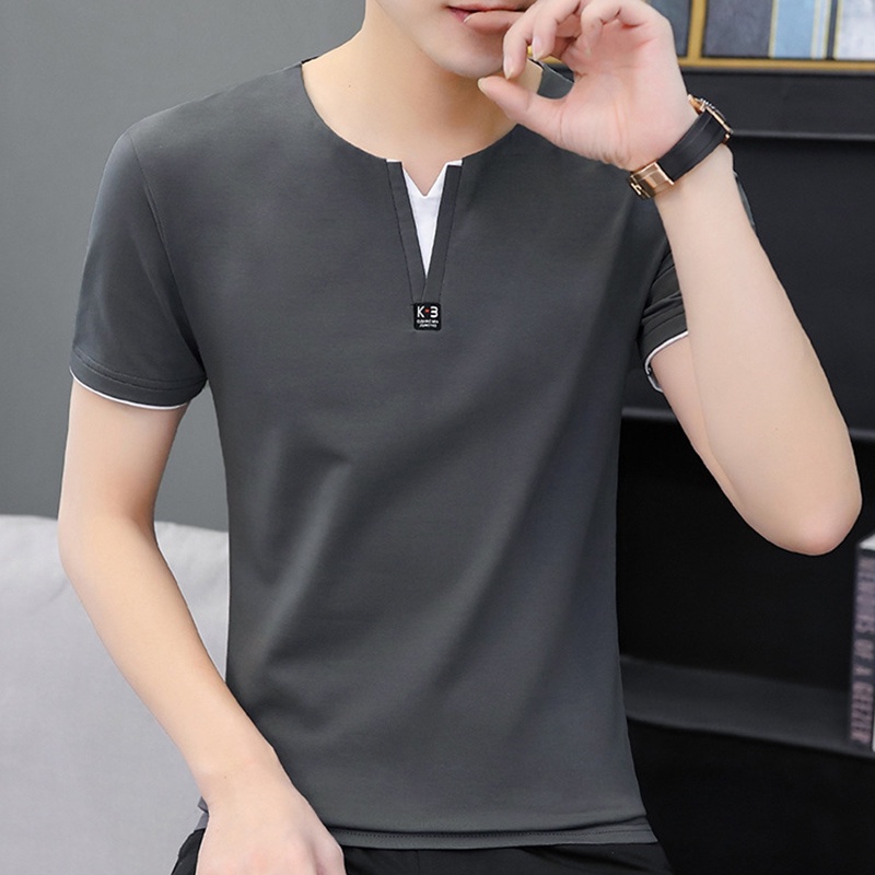 Áo thun IELGY cổ chữ V màu trơn cỡ lớn thời trang mùa hè mới trẻ trung cao cấp cho nam