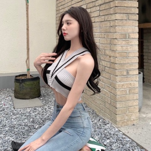 Happy-store ❤️ Áo len mỏng cổ yếm dáng croptop ❤️ Áo kiểu cổ chéo dáng ôm