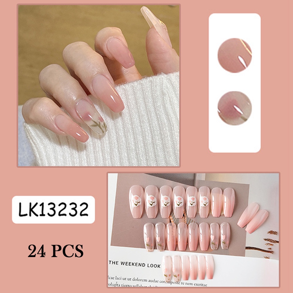 YADORNOS Set 24 móng tay giả YADORNOS họa tiết hoa tulip hồng bao phủ toàn diện