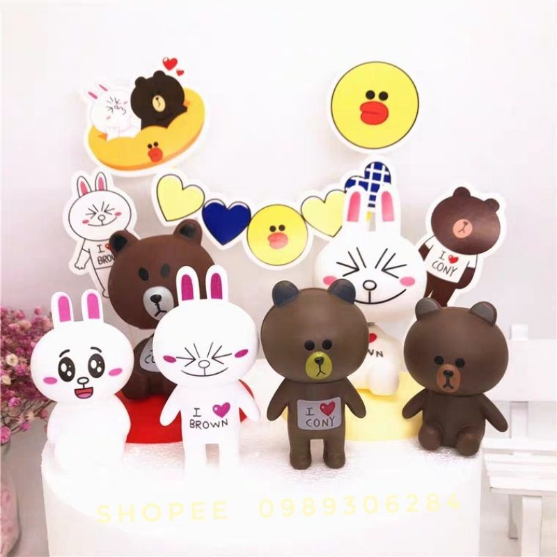Set Gấu Brown LINE và Thỏ Cony phụ kiện trang trí bánh kem, bánh sinh nhật - Pepper26 Shop