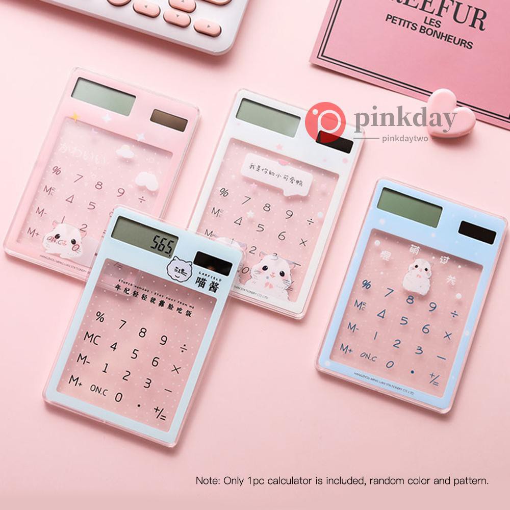 Ready stock 1pc Mini Calculator Cute Cartoon Ultra-thin Transparent Solar Energy Calculator Portable for Children School Office Supplies, Random Color
