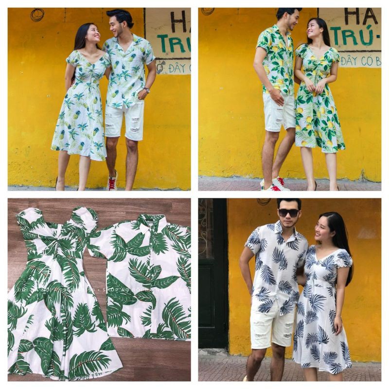 Set đôi hoa quả, áo váy đi biển chất tơ đũi