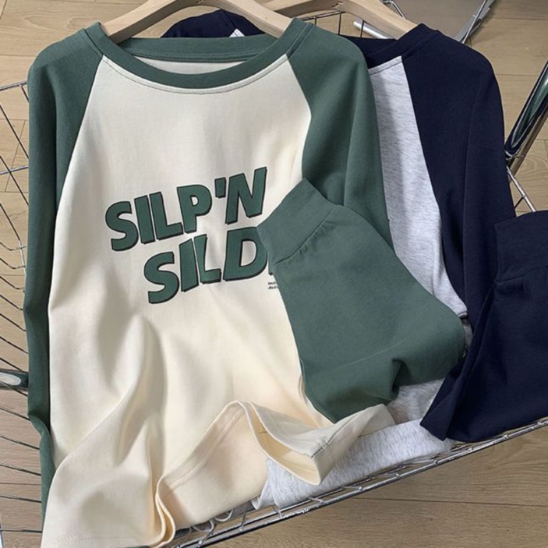 Áo Thun Raglan Tay Dài Dáng Rộng Màu Sắc Tương Phản Phong Cách Cổ Điển Thời Trang Mùa Thu Cho Nữ