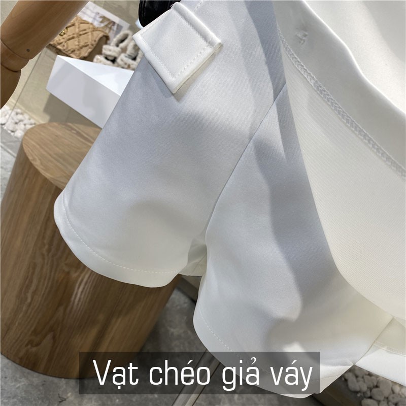 Quần Giả Váy Nữ, Sooc Cạp Lệch Vạt Chéo Eo Cao Trần Chỉ Nổi S074