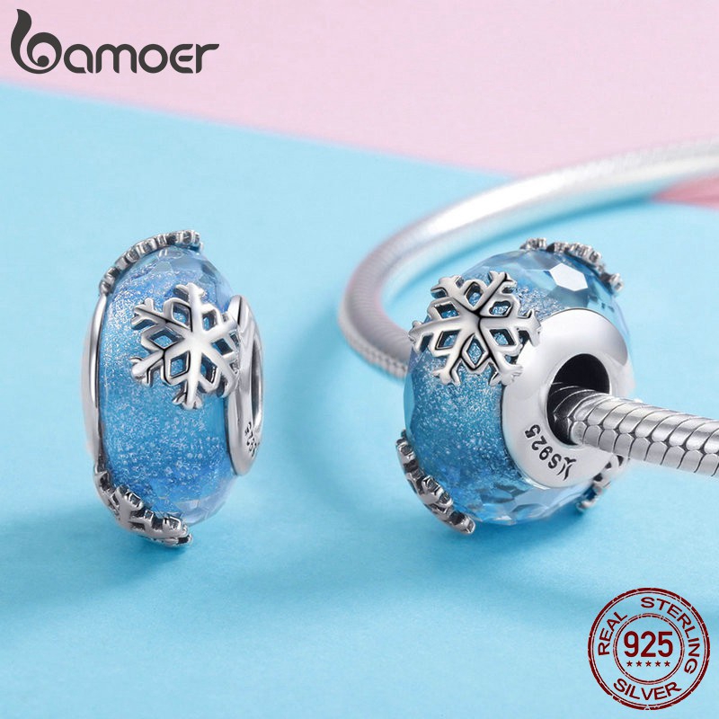 Hạt trang sức Bamoer bằng bạc 925 khắc hình bông tuyết dùng làm vòng tay/dây chuyền
