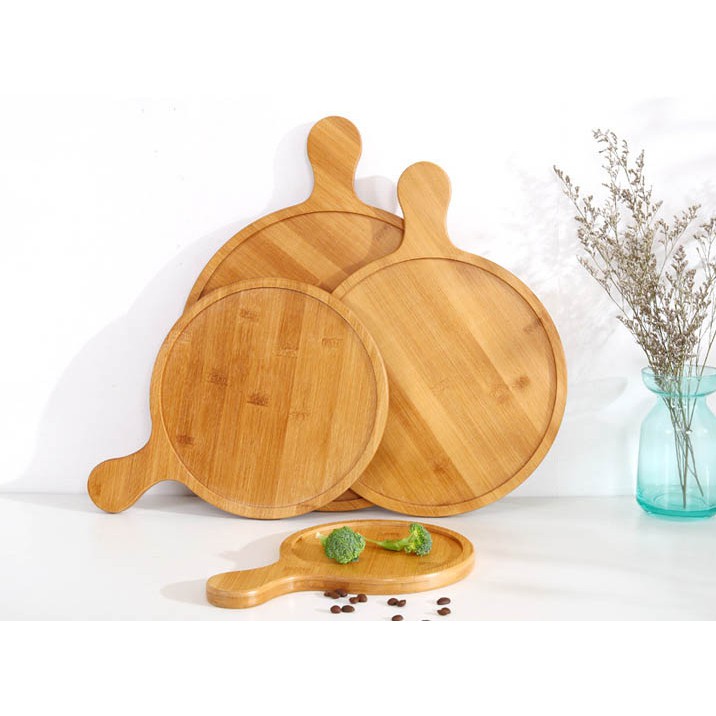 Khay tròn có tay nắm (Gỗ tre) – Khay đựng Pizza