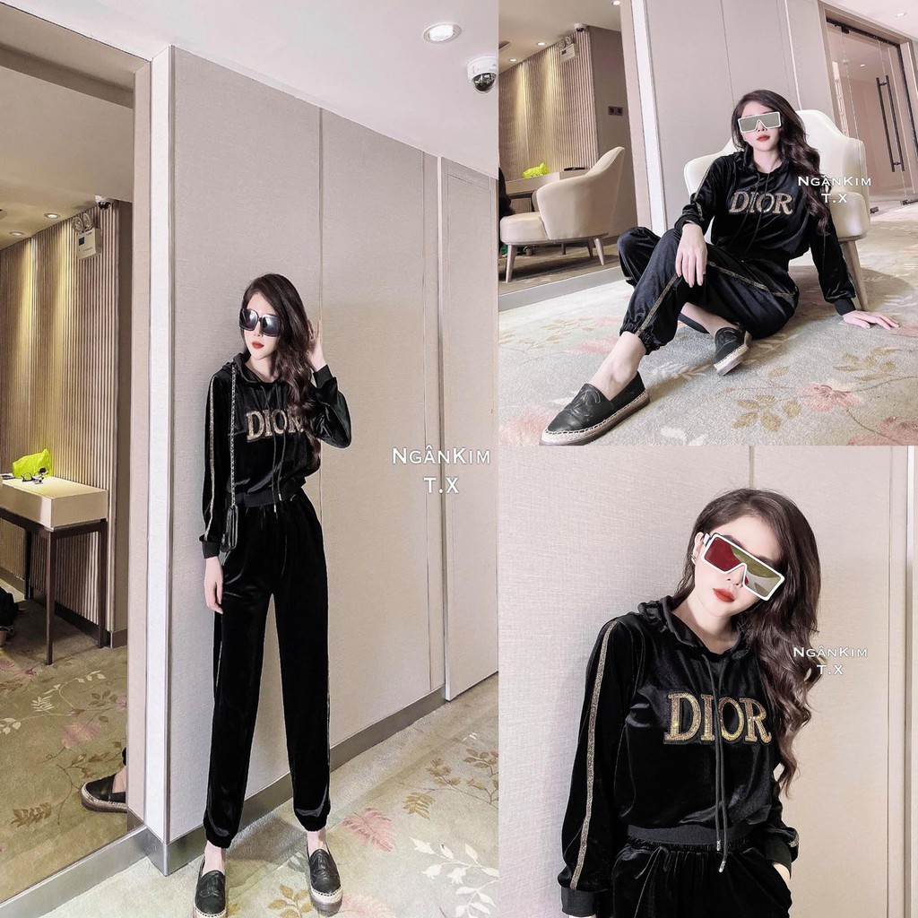 Bộ Nhung Đì Ô Thêu Nổi Khóa Mũ Thể Thao