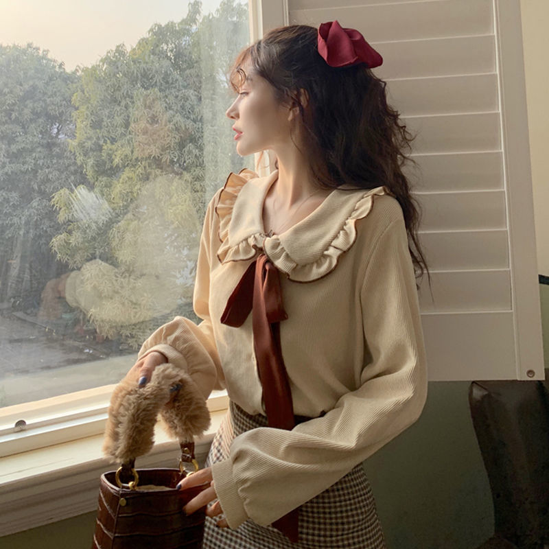 Áo Sơ Mi Dài Tay Cổ Búp Bê Phối Nơ Xinh Xắn Dành Cho Nữ