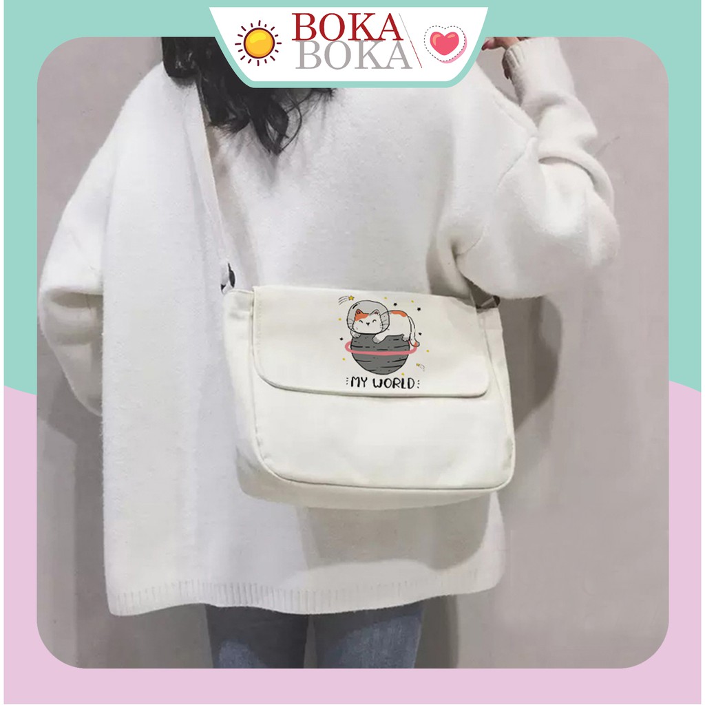 Túi Tote Đeo Chéo Vải Canvas In Hình BST Mèo My World Phong Cách Ulzzang