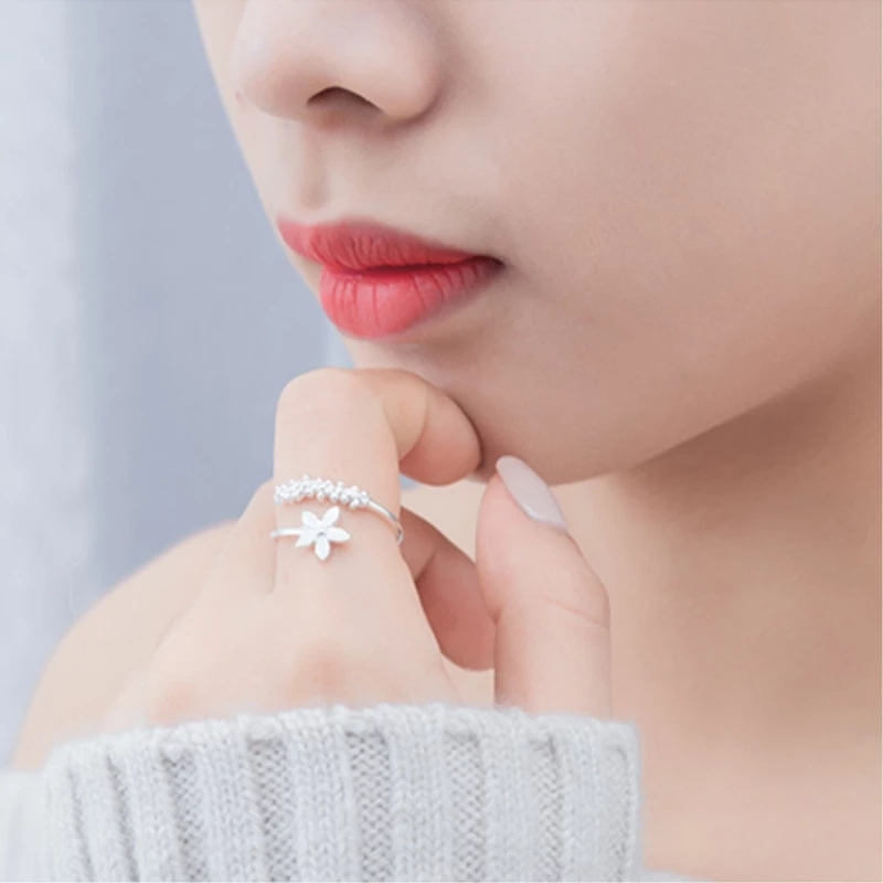 Nhẫn hở phối mặt hoa phong cách hàn quốc làm từ hợp kim thời trang cá tính đơn giản màu bạc