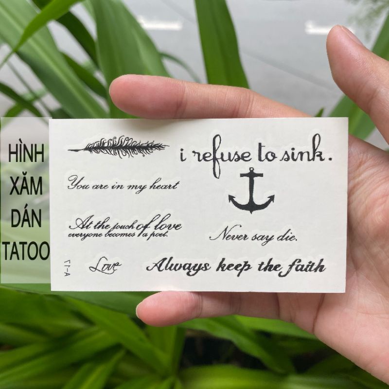 Hình xăm dán tatoo chữ tiếng anh &quot;never say die&quot;, mỏ neo a17 .Xăm dán tatoo mini tạm thời, size &lt;10x6cm