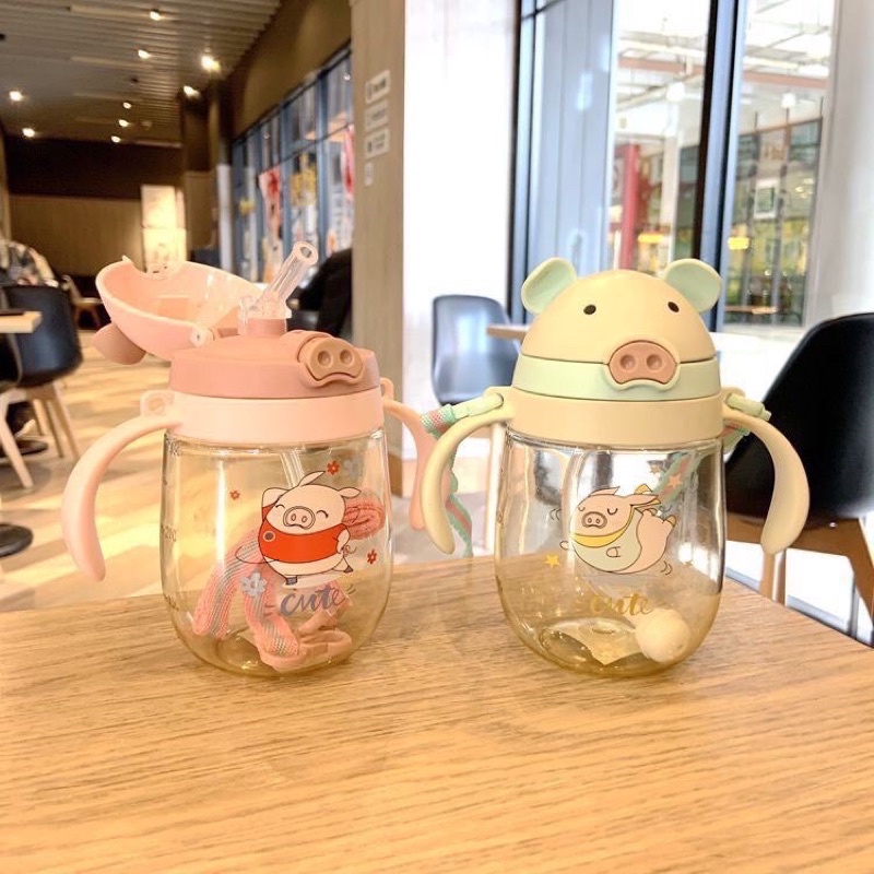 Bình nước hình lợn cho bé tập uống sữa nước cho bé, chịu nhiệt tốt an toàn có tay cầm