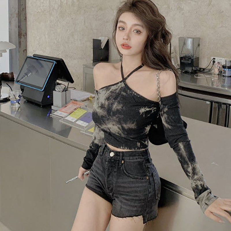 IELGY Áo Thun Croptop Tay Dài Hở Vai Dáng Ôm Màu Nhuộm Đen Thời Trang Cho Nữ