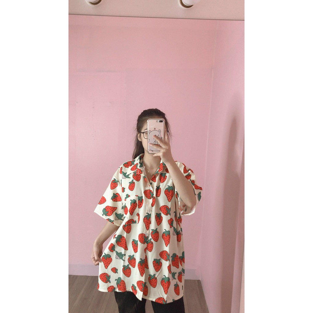 Áo sơ mi nam nữ oversize họa tiết hoa quả phom thụng ulzzang/ Áo sơ mi dáng rộng tay lỡ thời trang unisex_veestore