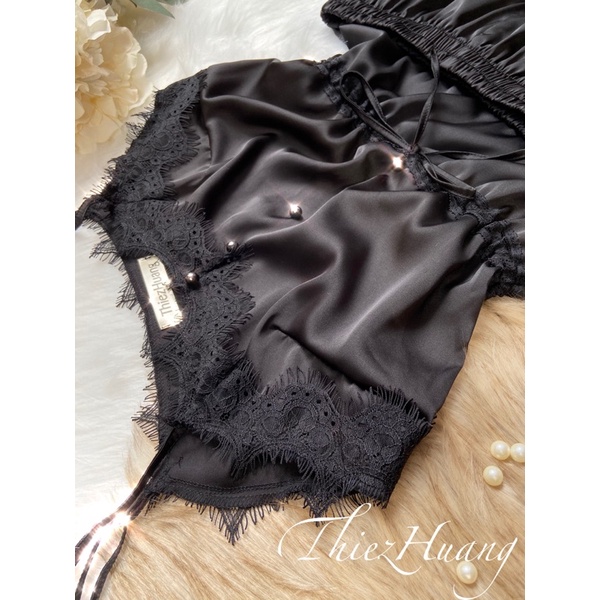 Set ngủ 2 dây lụa nút ngọc trai phối ren sexy , đáng yêu