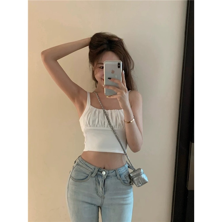 Áo hai dây thun croptop cổ U nhún ngực sexy phom ôm màu trơn BS30