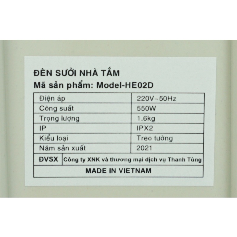 Đèn sưởi nhà tắm H&E COOK 2 bóng HE02D, bảo hành 36 tháng