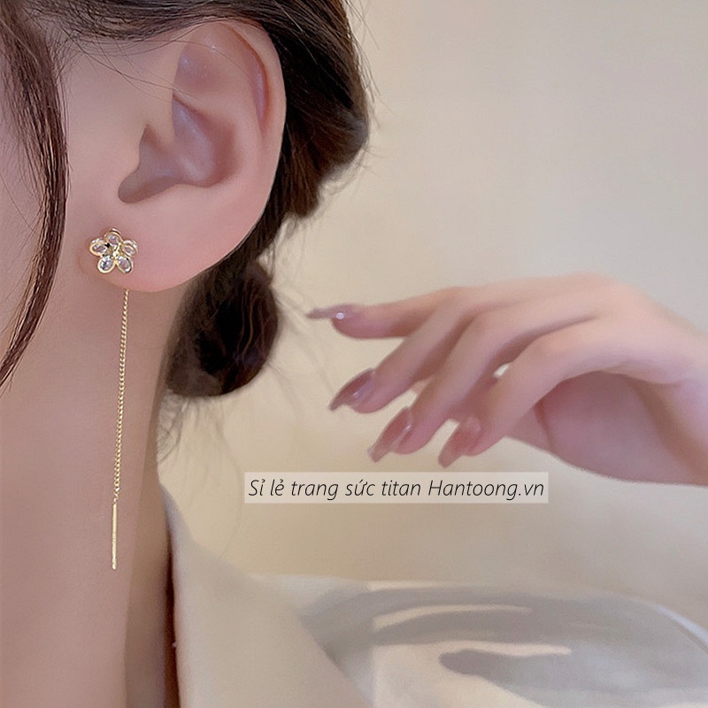 Khuyên tai dáng dài hình bông hoa xinh xắn đính đá pha lê cao cấp thời trang dành cho nữ