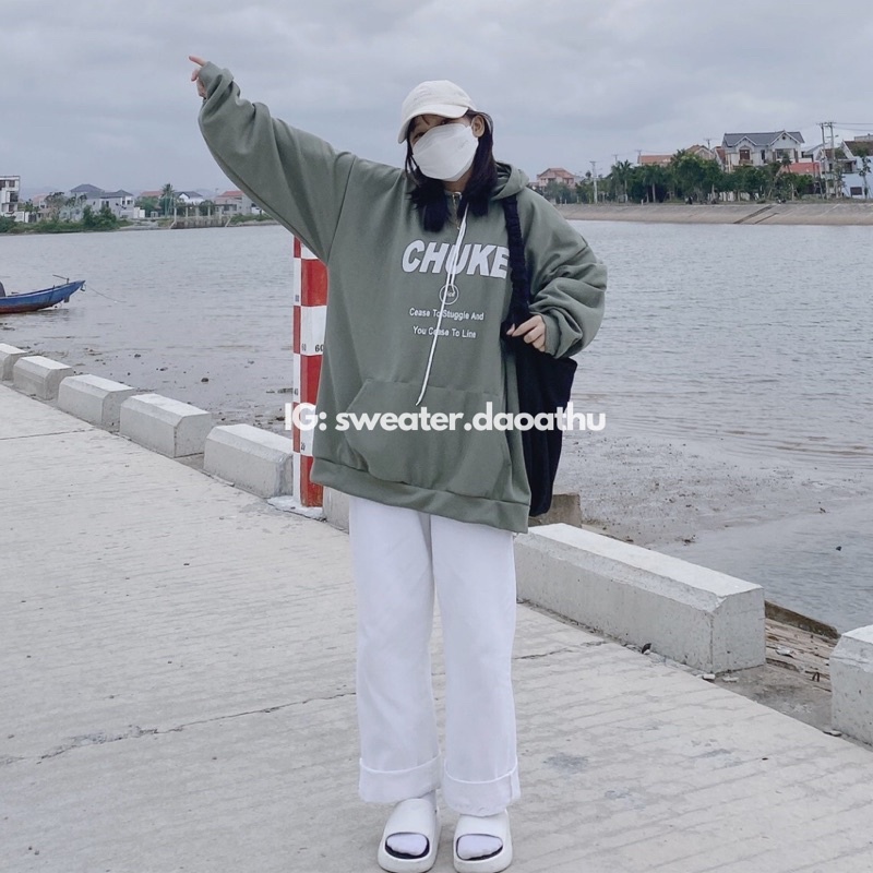 [ ẢNH THẬT ] ÁO HOODIE NỈ XANH CHUKE FORM RỘNG TAY BỒNG OVERSIZE | BigBuy360 - bigbuy360.vn