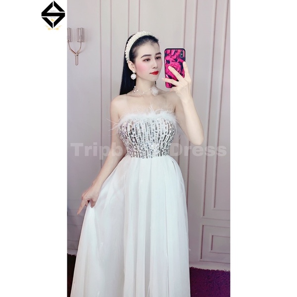 Đầm maxi cúp ngực lưới phối lông kết cườm TRIPBLE T DRESS - size M/L - MS386V
