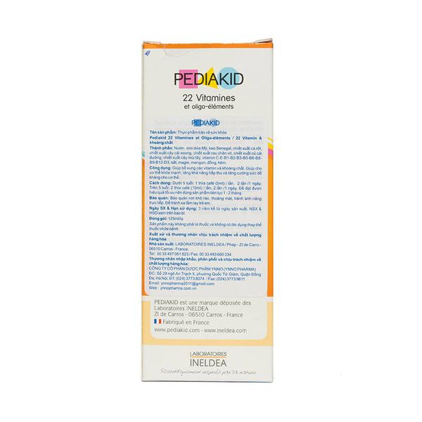 Siro PEDIAKID 22 Vitamineset Oligo-eléments – Bổ sung vitamin hỗ trợ ăn ngon, tăng sức đề kháng cho trẻ 125ml