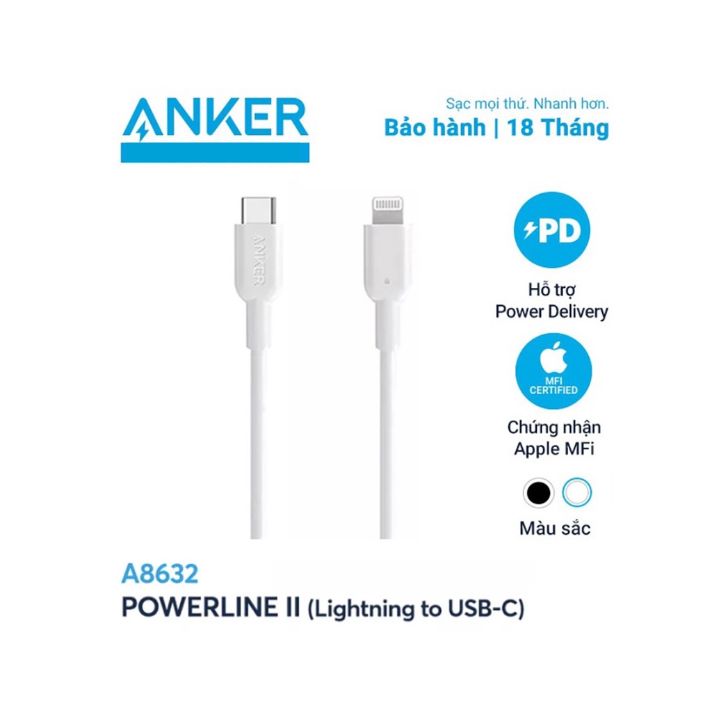 Cáp sạc Nhanh Anker A8632 Type-C to Lightning,Củ Sạc Nhanh A2615 30W,Cho iPhone PD 20W 13 12 Pro 11 XS 8P Macbook iPad