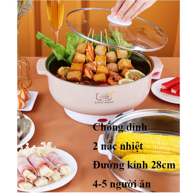 Nồi Lẩu Mini 28 cm, hấp 2 tầng, ca nấu mì, đa năng, Nấu Cơm, chiên, hấp_Gọn nhẹ, 2 nấc nhiệt, tiện dụng