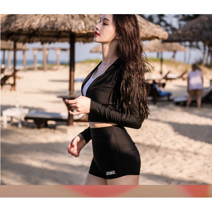 (Có sẵn) Đồ Bơi Bikini đi biển dài tay quần đùi màu Đen 3 chi tiết áo khoác USRONIE | WebRaoVat - webraovat.net.vn