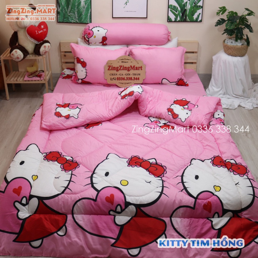 Bộ Ga Gối Poly Kitty Tim Hồng | Bộ Drap giường Ga trải giường ( 1 ga + 2 vỏ áo gối ) - ZingZingMart