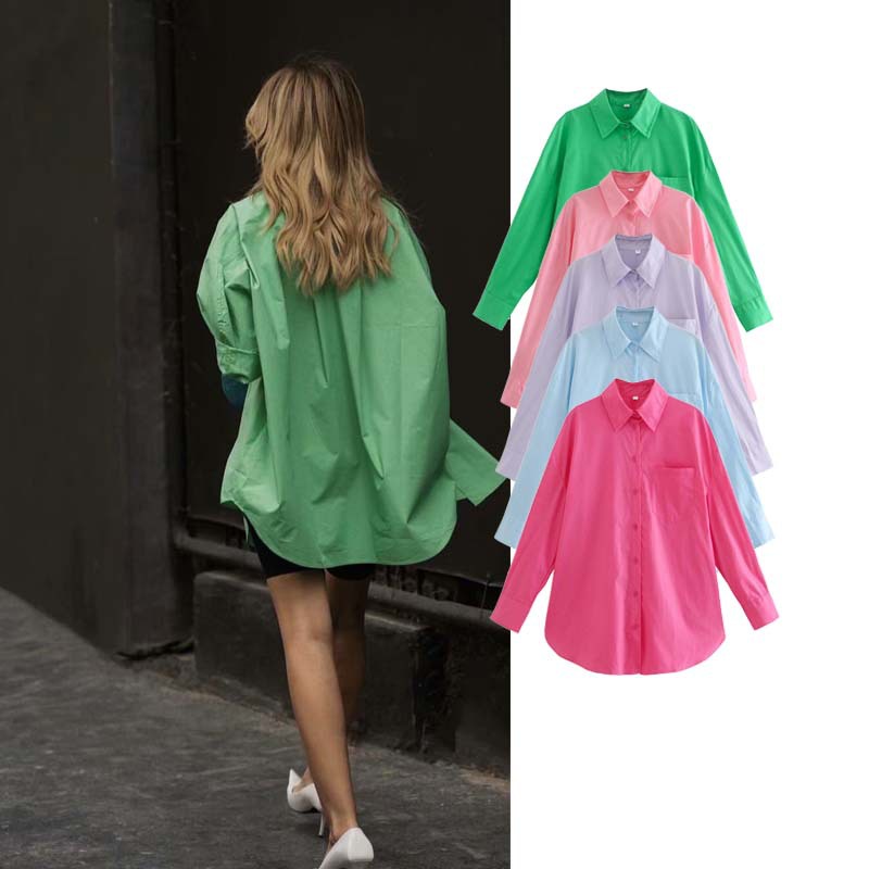 Áo sơ mi cotton dáng rộng phối túi màu kẹo thời trang đường phố