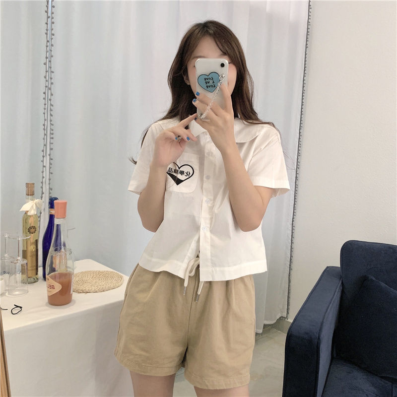 Yunyun Clothing Home ~ Summer College Style Embroidery Design Feeling Thin Shirt Baby Collar Shirt + Pants Two Piece Set[delivery Within 15 Days ]